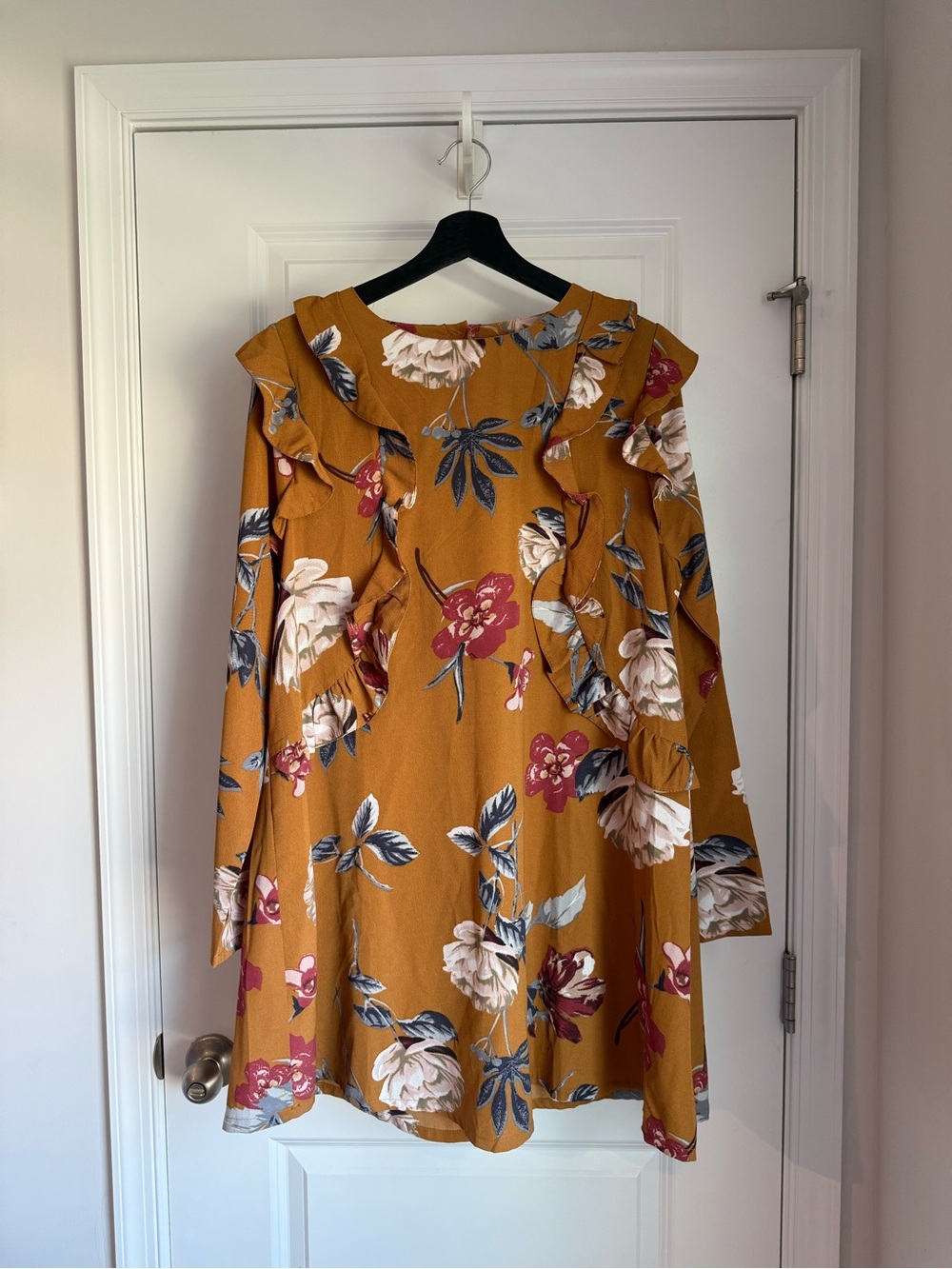 Umgee Mustard Floral Ruffle Long-Sleeve Dress with Burgundy & Cream Blooms
